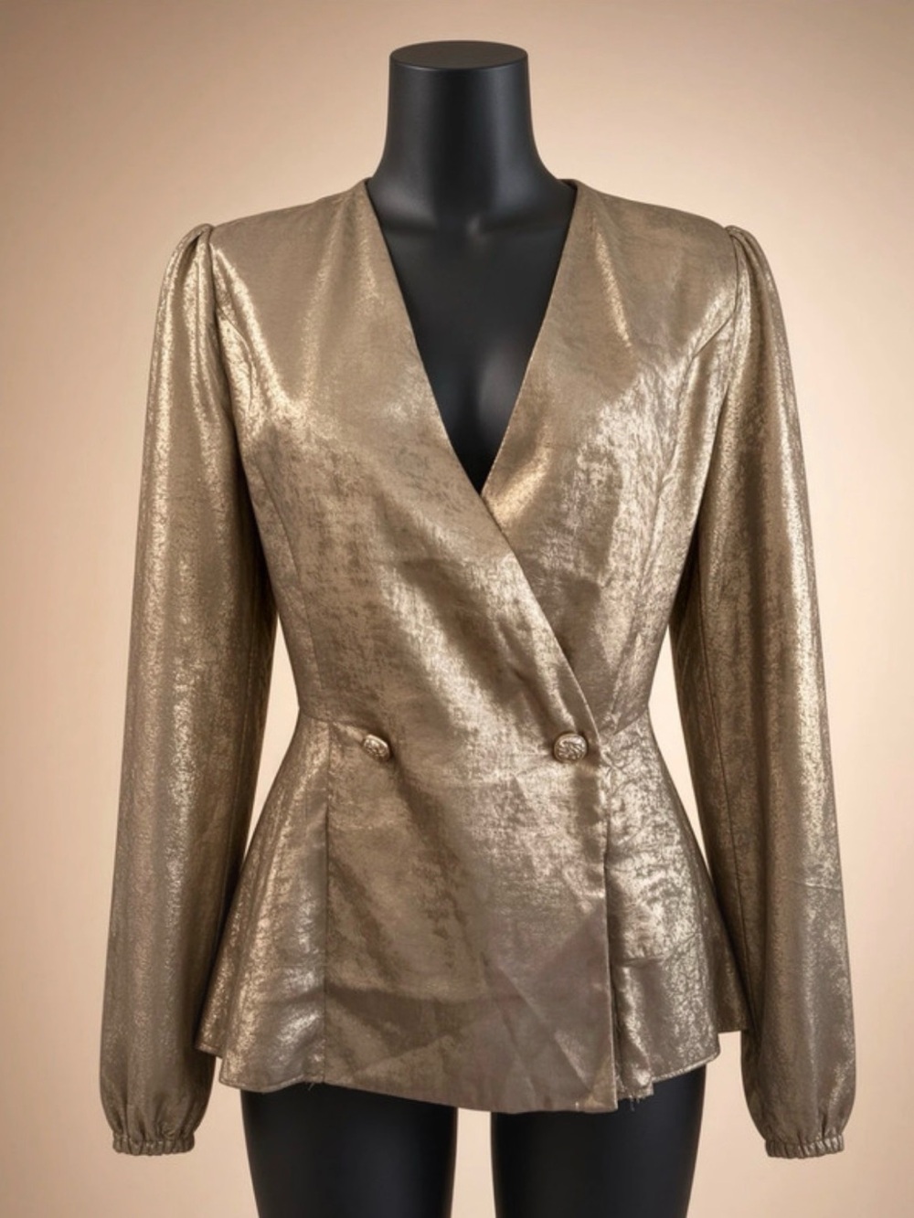 Women's Metallic Gold Wrap Blazer - Structured Peplum Jacket